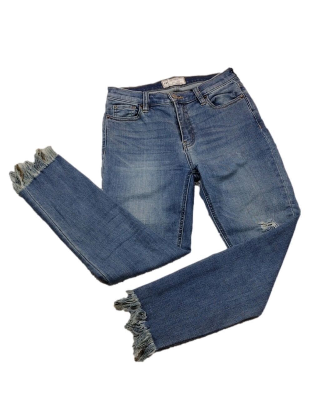Free People Blue Whiskering Medium Wash Mid Rise Distressed Raw Hem Ankle Jean